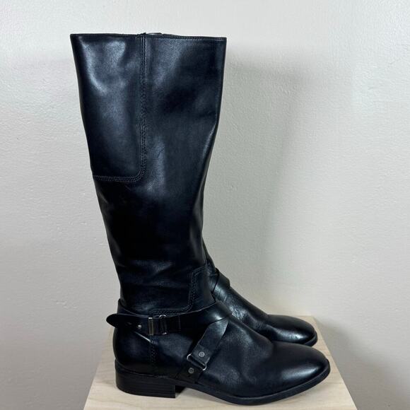 Nine West Women’s Black Leather Blogger Harness Riding Boots Mid Calf Preppy - Picture 1 of 9